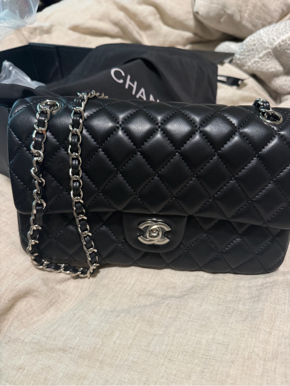Classic Quilted Caviar Leather Double Flap Bag in Black (Medium size)